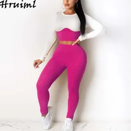 2 Zestawy Peice Dress Women Jesień Lounge Wear Casual Stroje Kolorowe Dopasowanie z długim rękawem Crop Top i Ołówek Spodnie Zestaw Siłownia 210513