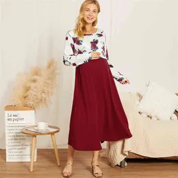 ArrivalMaternity Round collar Floral Color block Red Knee length Parachute skirt Long-sleeve Nursing Dress 210528