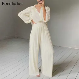 Bornladies Pleated Wide Leg Pants Sets Women Elastic High Waist Ruched Palazzo + Loose Blouse Shirt Oversized 211105