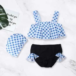 Korean Girls Two Pcs Checked Swimwear Pieces Children Ruffles Tank Bikini Set for Kids Fashion Toddler Swimsuit 210529