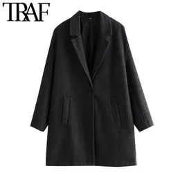 TRAF женская мода одиночная кнопка свободного чека шерстяное пальто винтаж с длинным рукавом спинка вентиляционные отверстия женская верхняя одежда шикарное пальто 210415