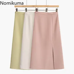 Nomikuma Coreano Elegante Gonna A Line Donna Tinta unita Temperamento Gonne a vita alta Donna Split Design Chic Faldas Mujer 210514