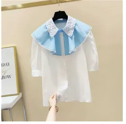 Lato koreański styl boasteed Peter Pan Collar Koronki Patchwork Rękaw Puff Krótka koszula Kobiety Bluzki 210615