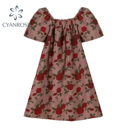 Sexy Bloemenprint Slash Hals Knielange Jurk Vrouwen Zomer Nieuwe Mode Bladerdeeg Korte Mouw Frcoks Streetwear Off Shoulder vestido 210417