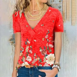 Summer Women V-Neck Loose Druku Bluzka Moda Solid Color Chryzantema Casual T-shirt z dekoltem Cross Tops i bluzki 210608