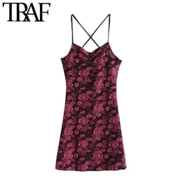 TRAF Mulheres Sexy Moda Floral Impressão Veludo Mini Vestido Vintage Backless Cruz Fino Correias Femininas Vestidos Mujer 210415