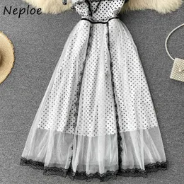 Neploe Lace Mesh Patchwork Court Style Robe Female Ruffles Flying Sleeve Dot Print Vestido Femme O-neck Slim Waist Dress Women Y0823