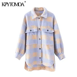 Kpytomoaの女性のファッションオーバーシャ​​ツ特大のチェックウールのジャケットコートビンテージポケット非対称女性のアウターウェアシックトップ211014