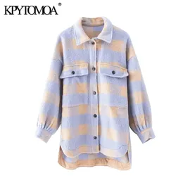 KPYTOMOA Kvinnor Fashion Overhirts Oversized Checked Woolen Jacket Coat Vintage Pocket Asymmetric Kvinna Ytterkläder Chic Toppar 211014