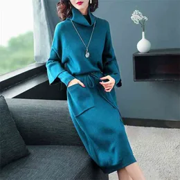 French Irregular Dress Female Autumn Winter Knitted Long Sweater Skirt Over The Knee Women Thickened 210427