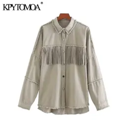 KPYTOMOA Women Fashion Oversized Frayed With Fringe Denim Jacket Coat Vintage Long Sleeve Tassel Female Outerwear Chic Tops 211112