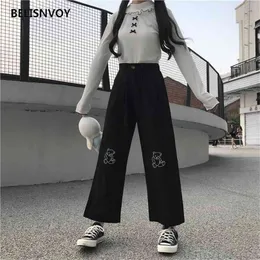 Japanese Kawaii Harajuku Teen Girls Loose Bear Embroidery Wild Leg Baggy Pants Casual Female Sweet Cute Sweatpants Trousers 210520