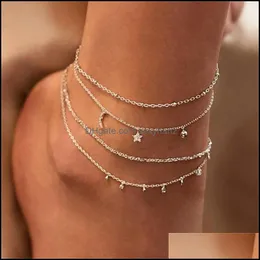 Anklets Summer Boho Moon Star Anklet For Women Gold Mtilayer Crystal Ankle Bracelet Foot Chain Leg Beach Aessories Jewelry