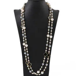 Designer classico vintage trifoglio fiore brillante perla multistrato lunga collana dichiarazione maglione per donna collane medaglione elegante