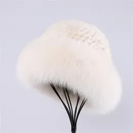 Kvinnors Vinter Varm 100% Mink Fur Stickad Bucket Hat Fox Fur Trim Caps Top Beanies Mössor
