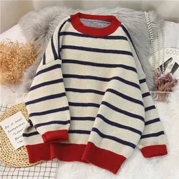 EBAIHUI Striped Sweater Women Casual Loose Pullover O-neck All-match Knitted Top Jumper Fall Long Sleeve Chic Knit Sweaters 211103