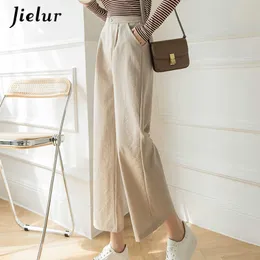 Jielur Fashion Wide Leg Pants Women Cotton Linen High Waist Pants Solid Color Pockets Black Khaki Trousers S-XXL Spring 211006