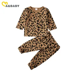 0-12m Infant Born Baby Boy Girl Leopard Sleep Set Długi rękaw Przycisk Piżamy Zestaw Piżamy Zestaw 210515