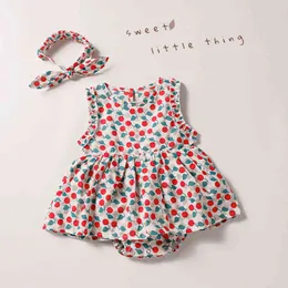 Sommarbarn Tjejer Kläder Varumärke Rompers Kläder Mode Söt Cherry Prints Kids + Hairband Toddler Girl Dress 210429