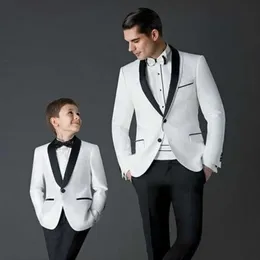2019 New Men Suit Groom Tuxedos White Men's Wedding Dress Prom Mens Garnitury Ojciec i Boy Tuxedos (Kurtka + Spodnie + Bow) Custom Made X0909