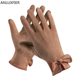 Kobiety zamszowe rękawiczki ekran dotykowy rękawiczki jesień zima na zewnątrz zakupy bowknot elegancki ciepły prosta dziewczyna ręka muf1