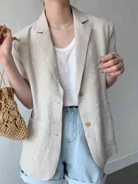 [EWQ] Minimalism Women Black Casual Linen Blazer New Notched Short Sleeve Loose Fit Jacket Fashion Tide Spring Summer F0485 210423