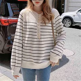 Striped Knitted O-neck Sweater Tops Women Full Sleeve Single-breasted Loose Pullovers Casual Fashion Vintage Basic Jumpers 210513