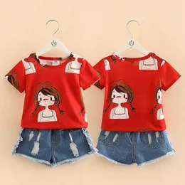 Dziewczyny Zestaw Odzież O-Neck Rękawem Lato 2-10 lat Dzieci Dziewczyna Czerwona Cartoon T Shirt + Denim Jeans Spodenki 2 Sztuk 210529