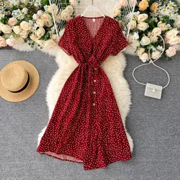 Korean Red elegant sexy Dress women summer beach V-neck polka dot midi dress waist split vestidos de fiesta clothes 210420