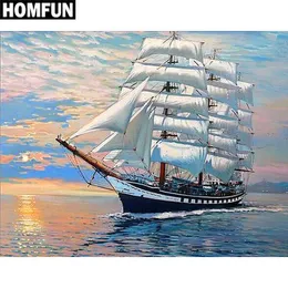 Homfun مربع كامل / حفر جولة diy الماس اللوحة "البحر والقارب" 3d التطريز عبر الابره 5d حجر الراين ديكور المنزل