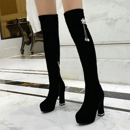 Women Over Knee Fabrics Stretch the Boots Winter High Heel Side Zip Platform Shoes Fashion Suede Appliques Autumn Long 971