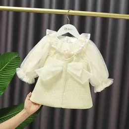 Baby Mesh Dress Sweet Spring Autumn Infant Clothing Kid's Princess Cute Bowknot Patchwork Ruffled For Girls 12M-4Year 210529