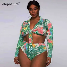 Sexy Plus Size Swimwear Women Leaves Print Bikini Long Sleeves Swimsuit Female High Waisted Bathing Suits Summer Beach Wear 210521
