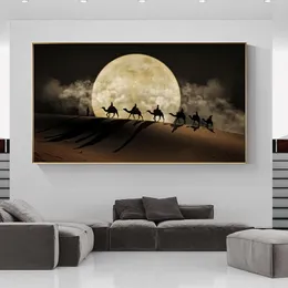 Wielbłąd na pustyni Krajobraz Płótno Malarstwo Desert Wall Art Plakaty i drukuje Płótno Art Moon Night Scene Zdjęcia Wystrój Home Decor