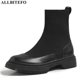 ALLBITEFO vera pelle di alta qualità + stivaletti con tacchi spessi lavorati a maglia per donna tacchi spessi stivali da donna con tacco alto 210611