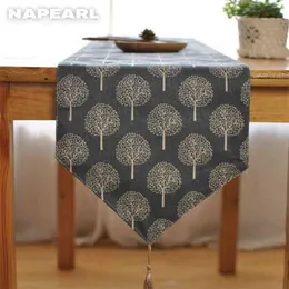 NAPEARL 1 Piece Sale 30x180cm Blue White Tree Pattern Linen Table Runner Dinner Towel Cloth For Christmas Decortaion 210708