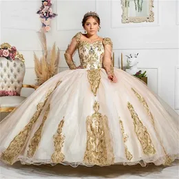 Sexy Sheer Long Sleeves Puffy Ball Gown Quinceanera Dresses Beaded Champagne Gols Lace Tulle Sequined Sweet 15 16 Dress XV Party Wear 2022
