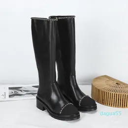 Mjukt läder mode svart stövlar rund tå vinter knä-hög dam boot med dragkedja designer långa bottes storlek 35-41