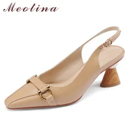 Sukienka Buty Meotina Prawdziwej Skóry Slingback Okrągłe Toe Dziwne Styl Heel Pompy Metalowa Dekoracja Klamry Damskie Obuwie morelowe 33-40