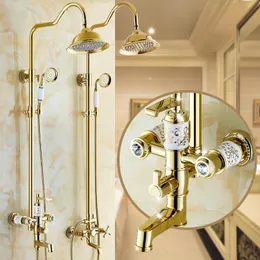 Solid Brass Body Ceramic And Crystal Gold Shower Set European Faucet 8 Inch Head Polished Adjust Lifting Arm Bathroom Sets