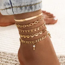 Anklets Ankle Chain Key Pendant Anklet 2022 Summer Beach Foot Smycken Mode Hjärta för Kvinnor Multilayer Armband 5 st