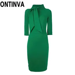 Vintage Elegant Dress Stand Collor Tie Neck Half Sleeves Classic Green Slim Fit Summer Autumn Women Clothes Office Party Night 210527