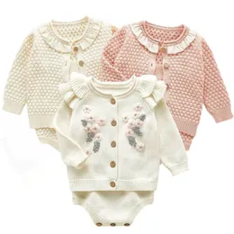 Barnkläder Höst Broderi Blommor Set Mode Baby Flickor Kläder Långärmad Stickad Cardigan+Romper Set 210417