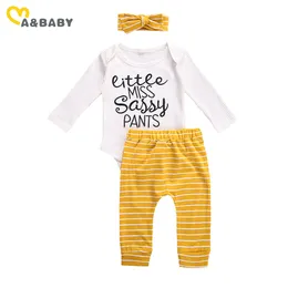 0-18M born Infant Baby Girl Clothes Set Letter Knitted Romper Tops Striped Pants Autumn Outfits Costumes 210515