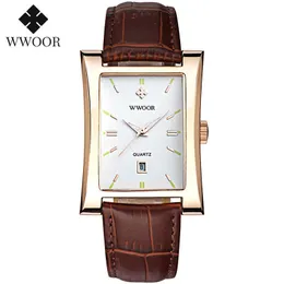 Relojes Hombre Wwoor Luxury Mężczyźni Kwadratowe zegarki Męskie Kwarc Casual Sport Skórzany Zegarek Z Date Brown Watch + Box Pack 210527