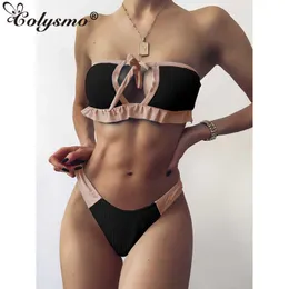 Colysmo ribbed sticka baddräkt sexig patchwork flouncing strapless push up bh och panty set kvinnor mode beach party swimwear 210527