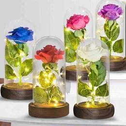 Eternal Rose In Glass Dome Artificial Forever Flower Led Skönheten The Beast Valentines Mother Day Julklappar för kvinnor Y1216