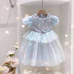 Girls Lovely Summer Dress Puff Sleeve Sequins Clothes Lolita Princess Korean Vestido Clothing 210529