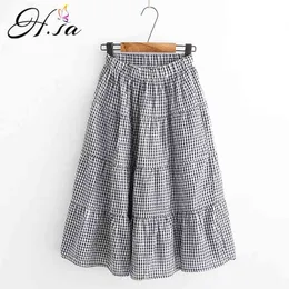 H.SA Kvinnor Longo High Waist Ruffles Cake Plaid Casual Elegant Ficka Elastisk Lös A-Line Midi Kjolar Faldas 210417