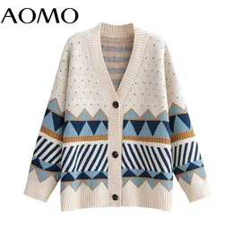 AOMO Autumn Winter Women Geometry Knitted Cardigan Sweater Jumper Button-up Female Tops 1F313A 211018